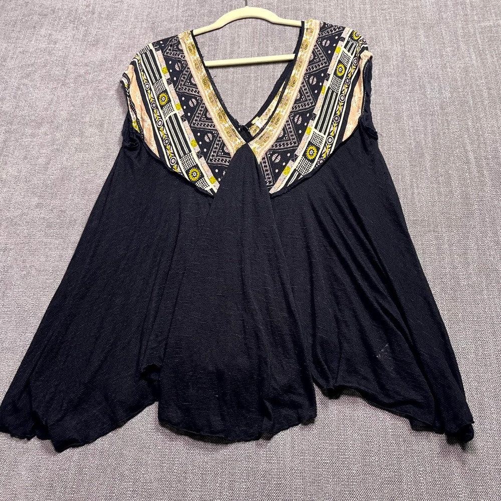 Free People Trapeze Tunic Top Womens Medium Black Sheer V Neck Streetwear Preppy